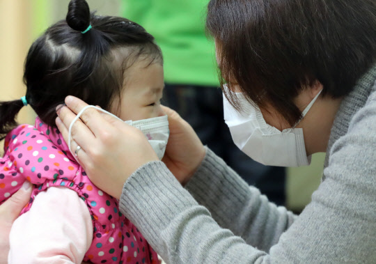최근 독감이 유행하며 환자가 급증하고 있다. 3일 서울 중구 제일병원 소아청소년과를 찾은 가족이 자녀에게 마스크를 착용시키고 있다.